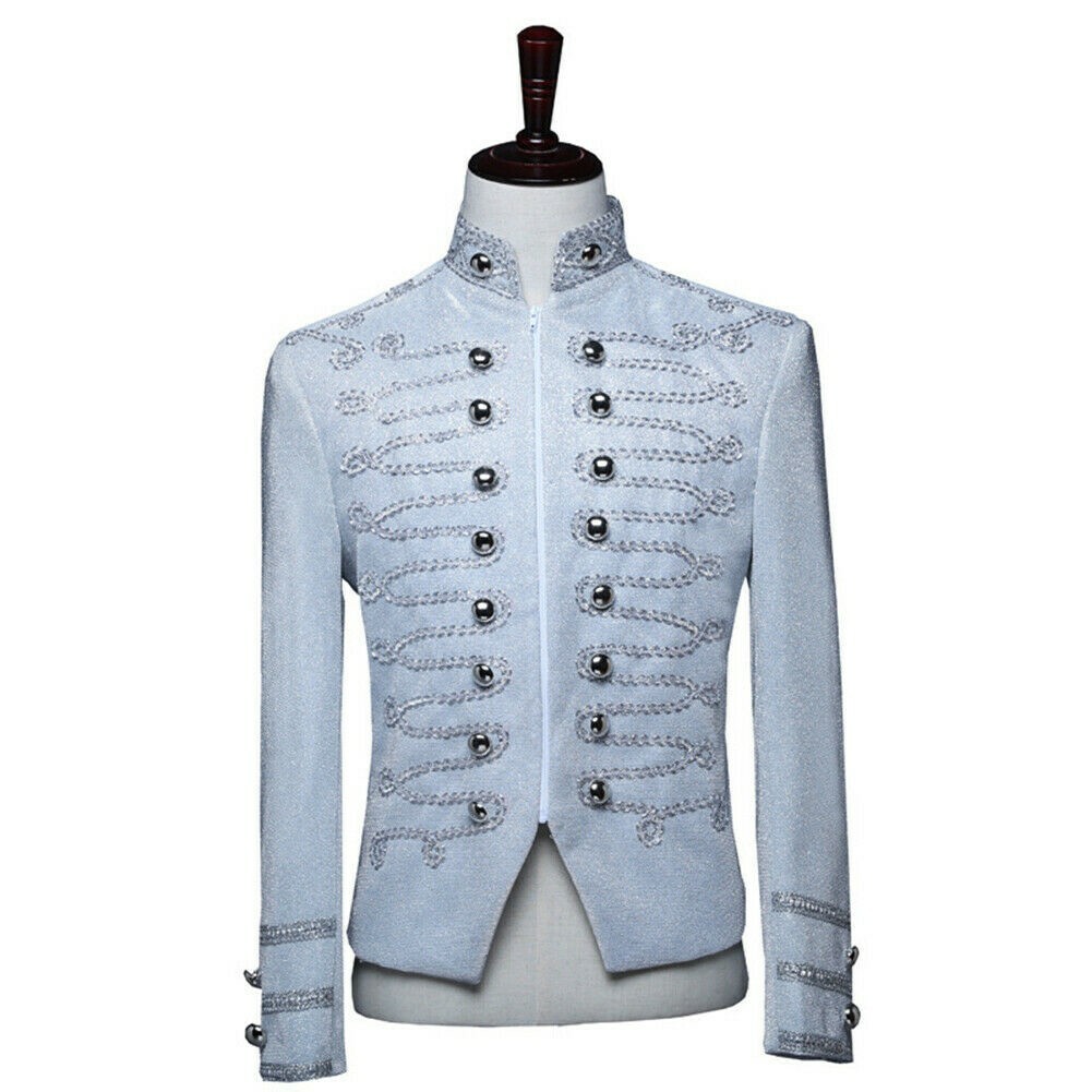 Mens Silver-White Lurex Slim Fit Suit Jacket Artillery Tunic Blazer Drummer SPW