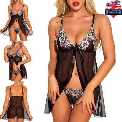 Sexy-Lingerie Womens Lace Open Front See-Through Babydoll Sleepwear Dress  Black