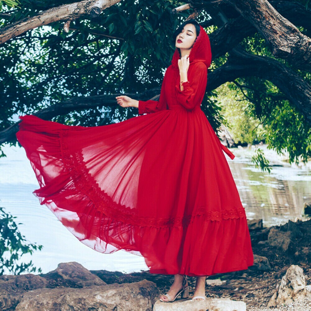 Damen Häkel Spitze Durchsichtig mit Kapuze Kleid Lang Puffärmel Tunika Victorian