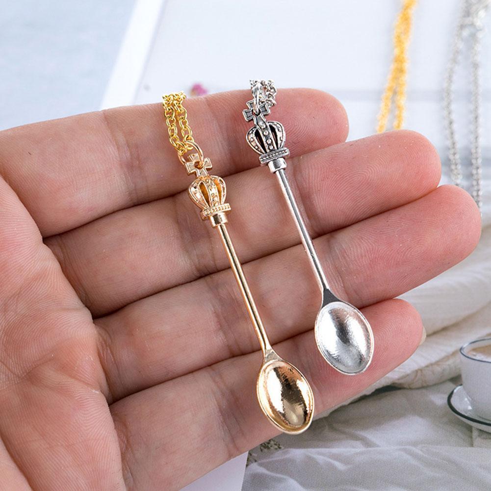 1PC Tiny Tea Spoon Shape Pendant Necklace Crown Creative Lon