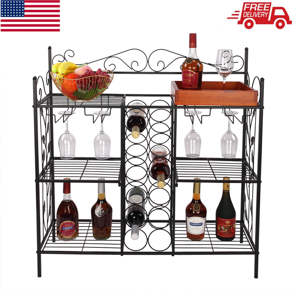 Kitchen Metal Bakers Rack Shelf W/ 12 Wine Bottles + 12 Glass Storage