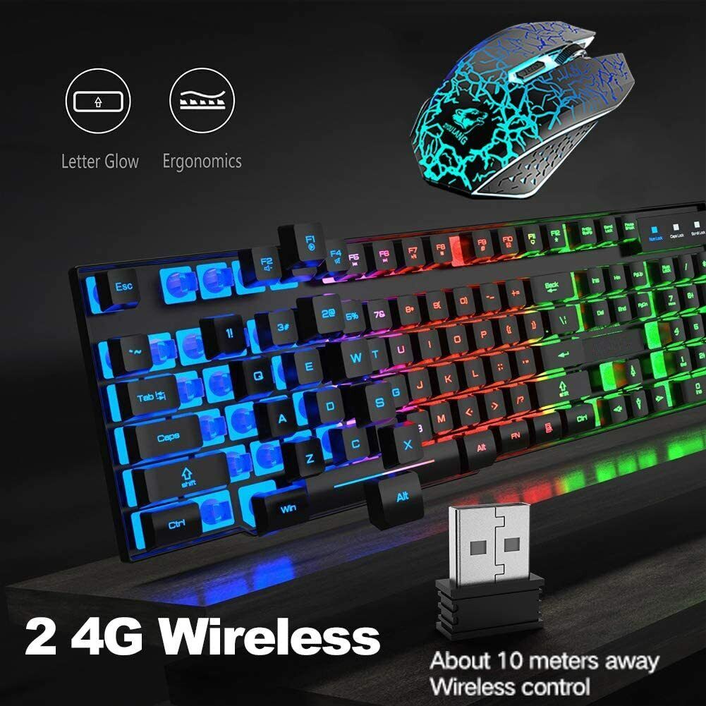 Wireless Gaming Keyboard and Mouse Set LED Backlit Mechanical Feel for PC Laptop