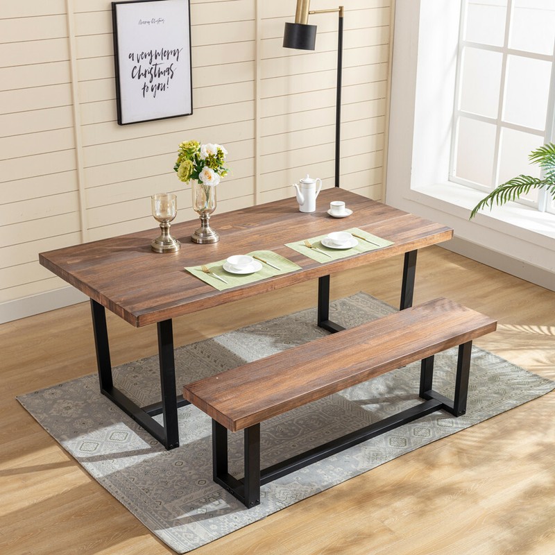 Solid Wood Dining Table with Bench Dining Room Table for 6 P