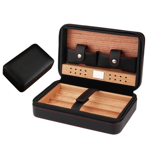 Black Travel Leather Cigar Humidor Case Cutter 1 Jet Torch Lighter Set Gift Box