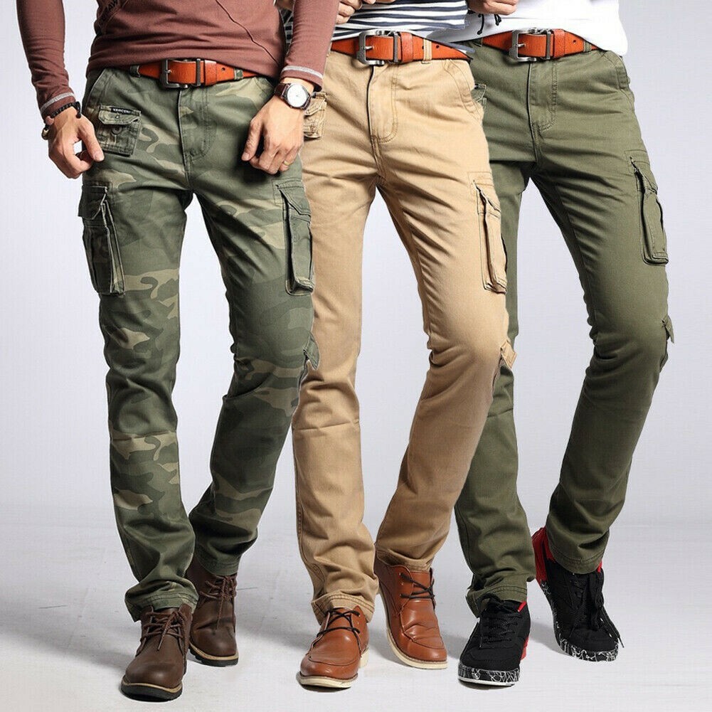 Men Chino Cargo Combat Pants Multi-Pocket Camouflage Khakis Trousers Hiking Slim