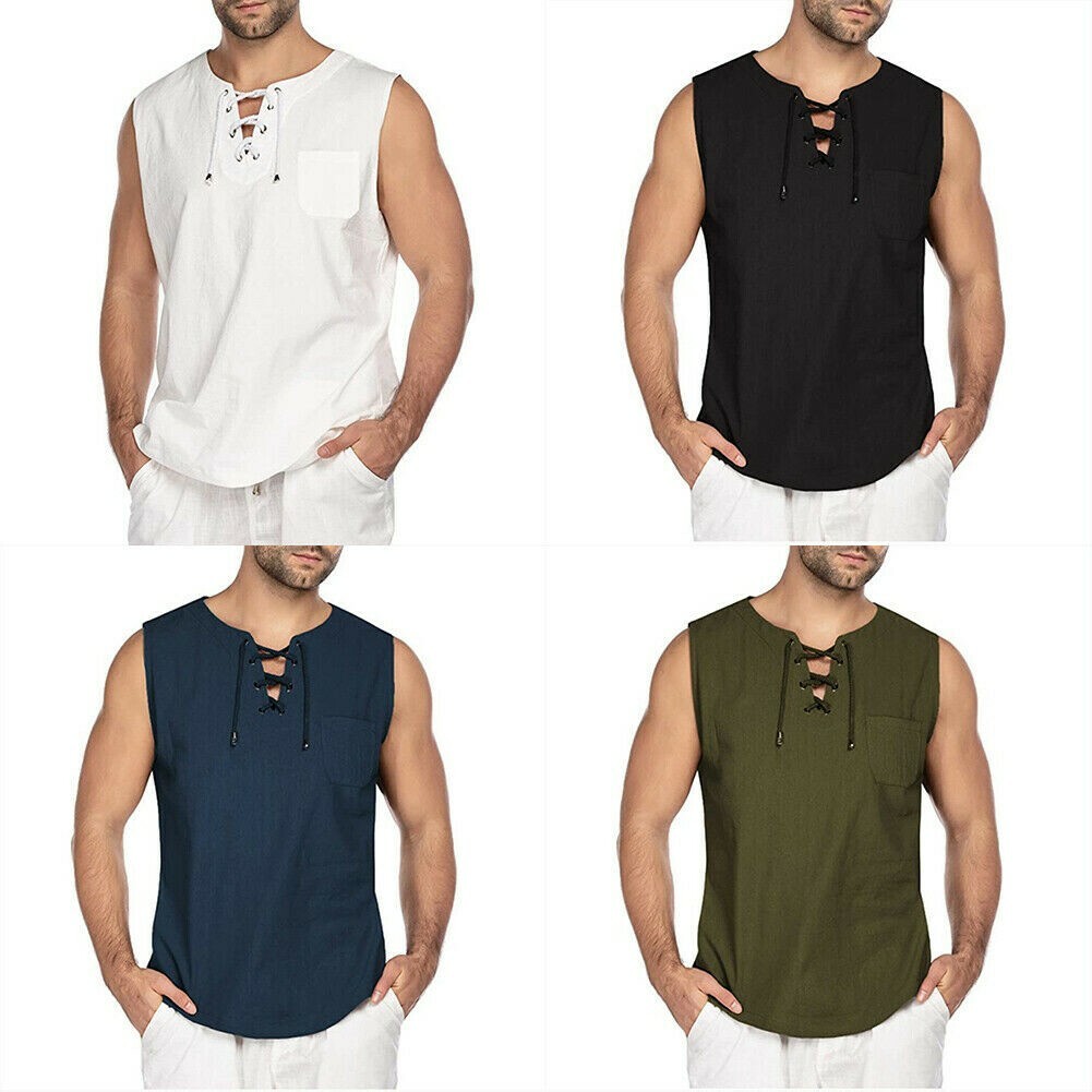 men-cotton-linen-sleeveless-tshirt-lace-up-neckline-vest-tank-top-tee-shirt