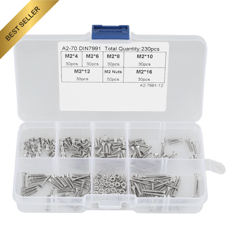 Stainless Steel Bolts and Nuts Kit 230Pcs M2 304 Metric Fasteners Assortment wit