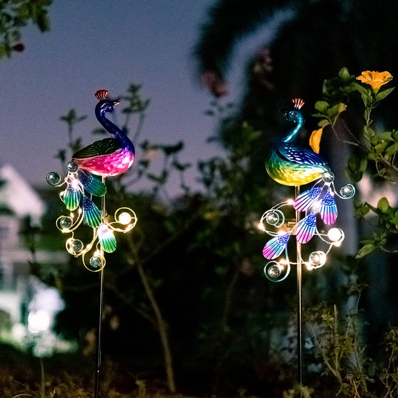 Metal Peacock Solar Lights for Outdoor Yard Lawn Walkway Driveway Decor 2 Pack
