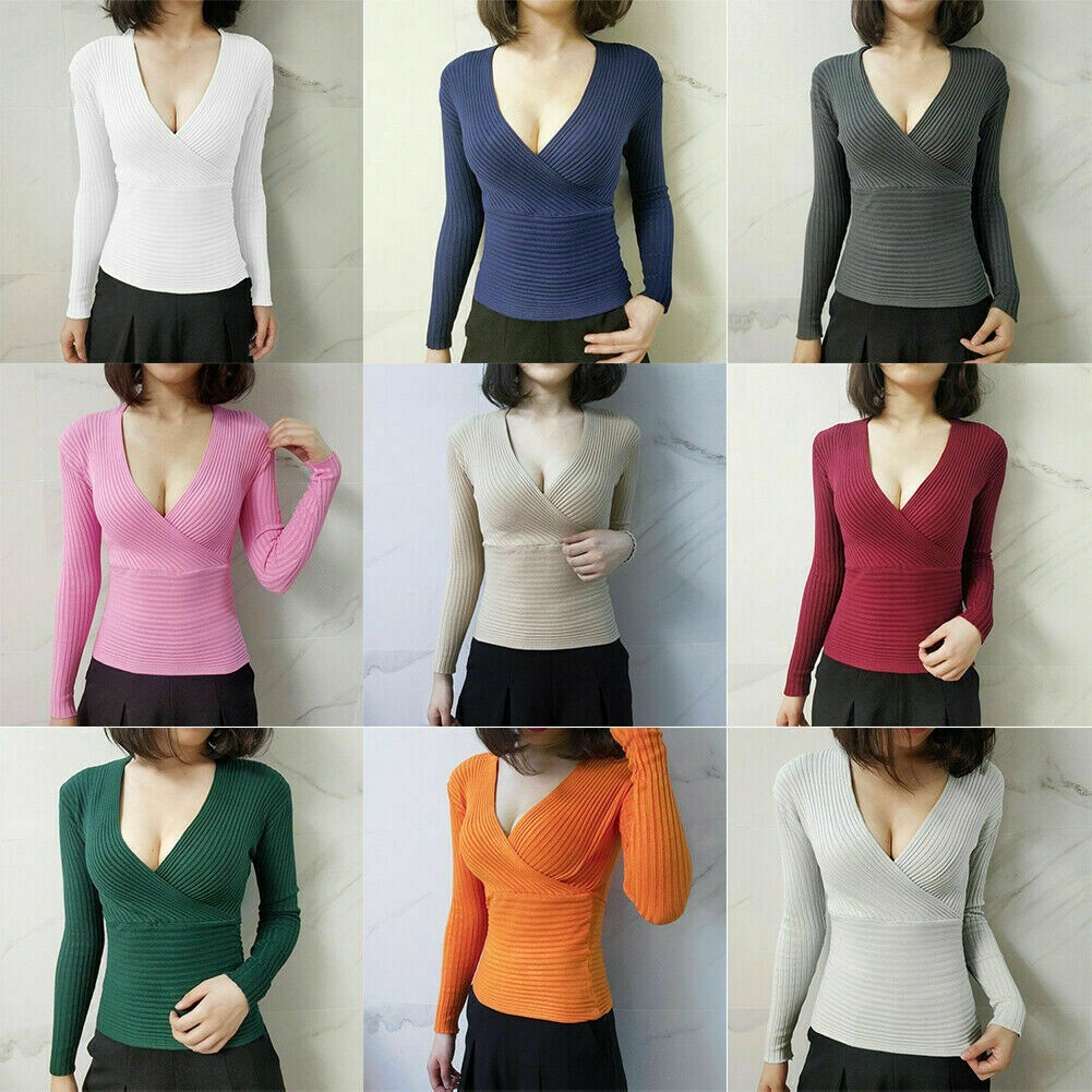 Damen Geripptes Strickpullover Kreuz über Vorne Tiefer V-Ausschnitt Pullover Top