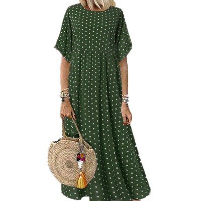 Damen Short Ärmel Polka Dot Langes Kleid Lose Baggy Kaftan Maxikleid Sommerkleid