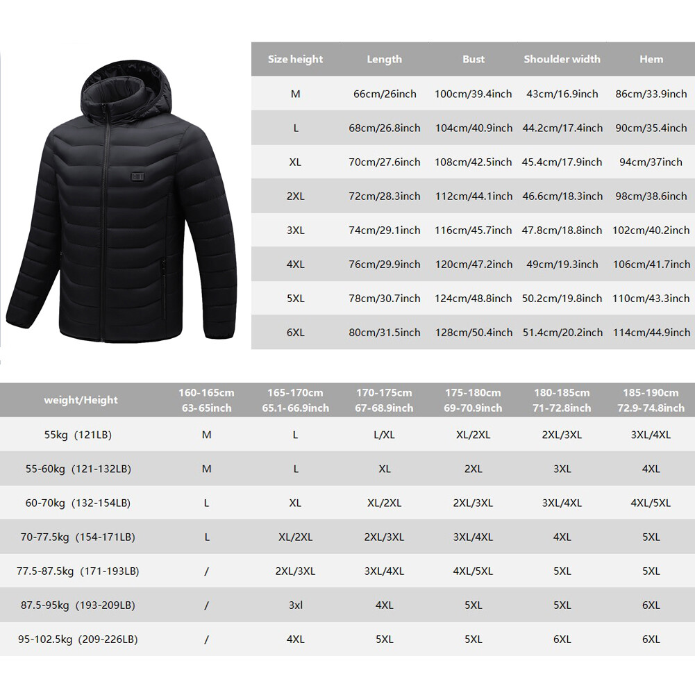 15 Areas Electric Heating Coat Thermal Warm Jacket Heated Hooded Coat Xmas Gift