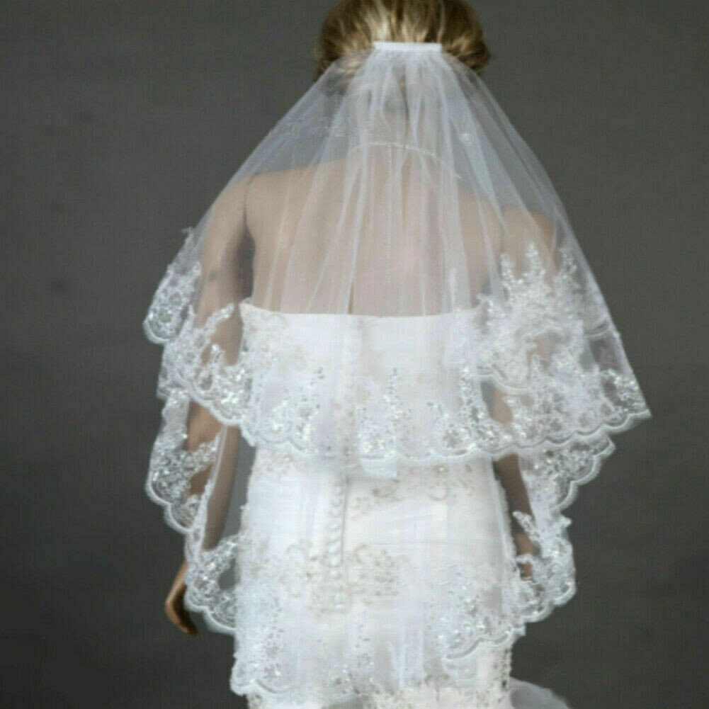 Braut Hochzeit Schleier Ellbogen 2 Schichten Elfenbein Spitze Rand Verzierung