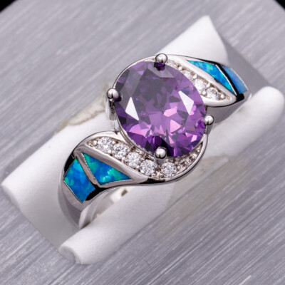 8x10 Oval Simulated Amethyst Blue Fire Opal Silver Jewelry Bypass Ring SZ 7 8 9