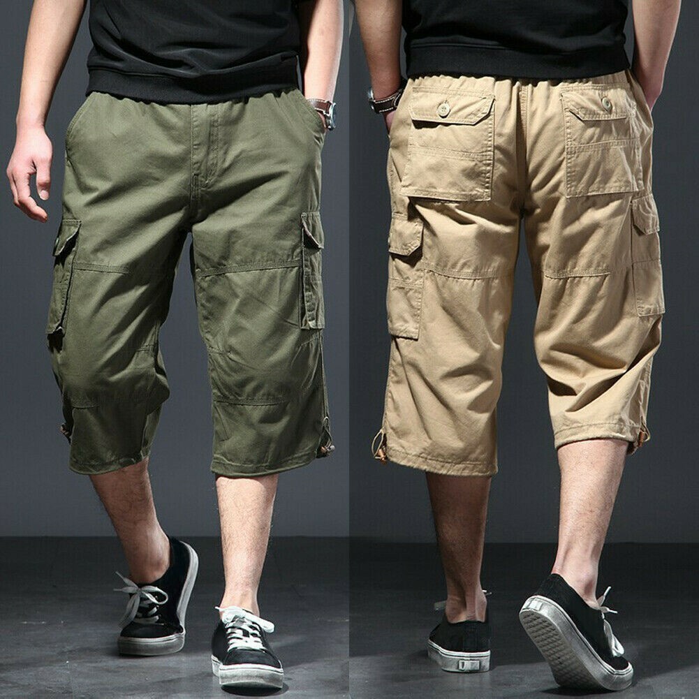 mens-cotton-elastic-waist-cargo-shorts-34-pants-multi-pocket-capri-trousers