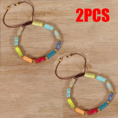2PC Natural Stone Bead 7 Chakra Reiki Healing Energy Protection Unisex bracelet`