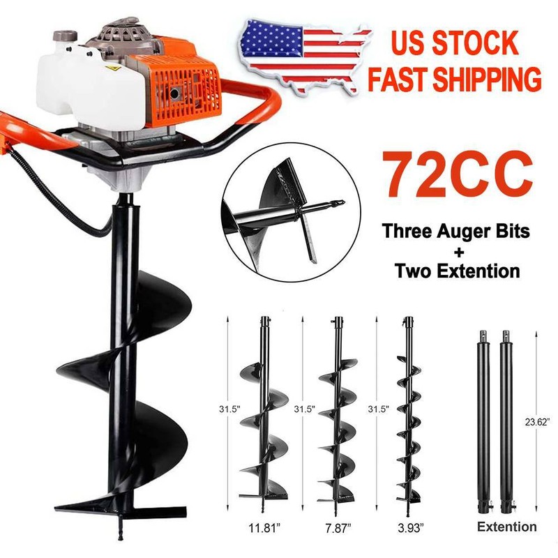 4HP 72CC Gas Powered Post Hole Digger With 4" 8" 12" Earth Auger