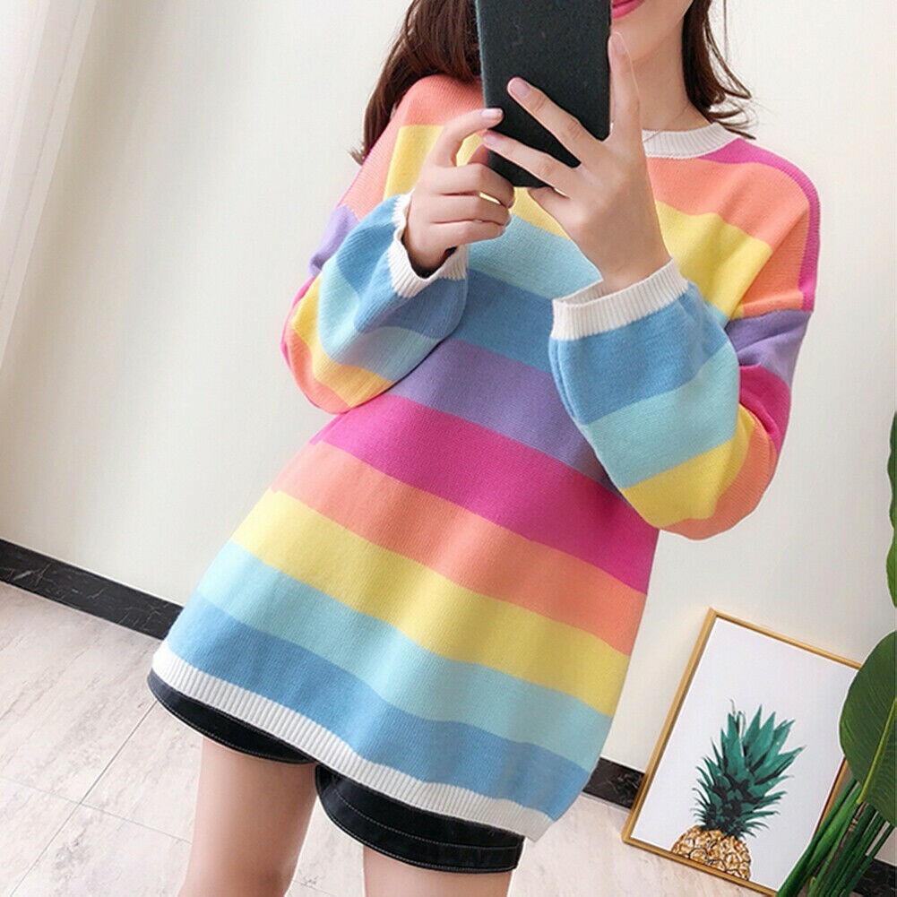 Womens Rainbow Striped Knitted Sweater Long Sleeve Loose Jumper Pullover SPW