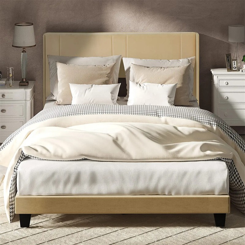 Velvet Upholstered Platform+tufted Headboard Wood Slat