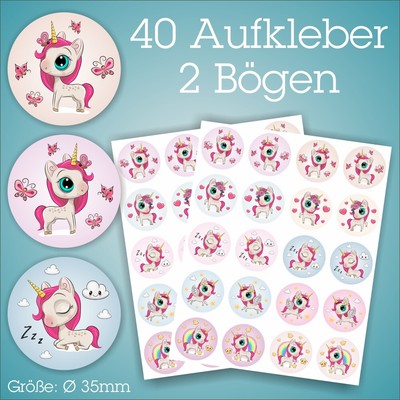 Einhorn Aufkleber 40 Stück auf 2 Bögen Unicorn Sticker pastell