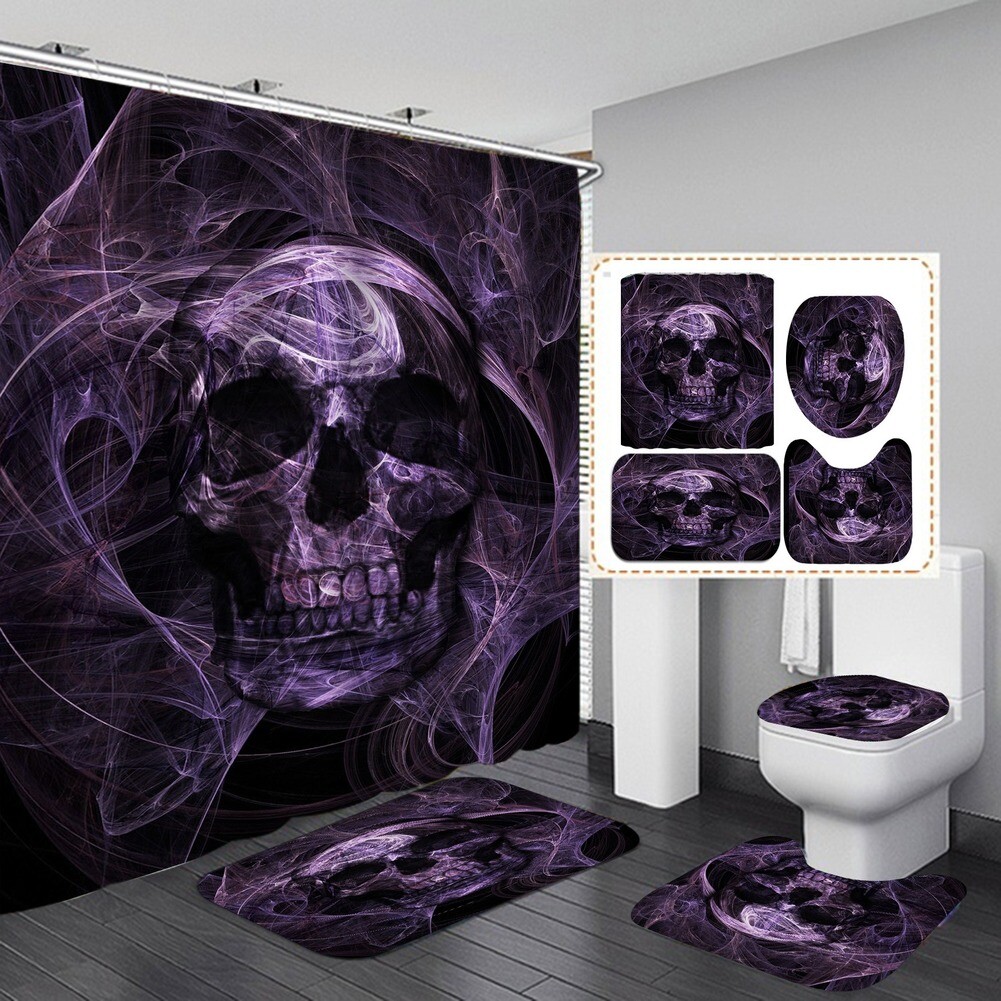 Skull Skeleton War Shower Curtain Bath Mat Toilet Cover Rug Bathroom Decor