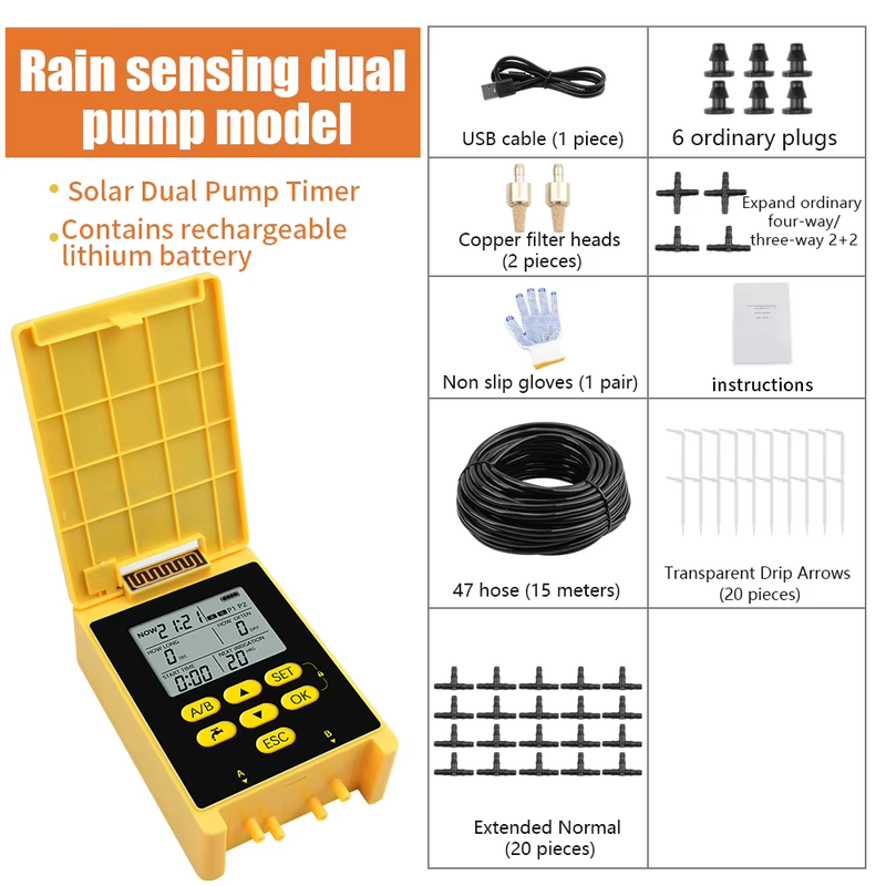 Automatic Drip Irrigation System Solar Powered Dual Pump Water Timer Rain Sensor