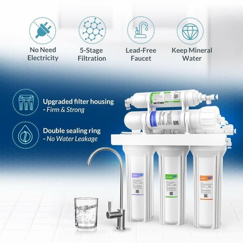 5 Stage Undersink Reverse Osmosis Water Filtration System 75 GPD Membrane Filter