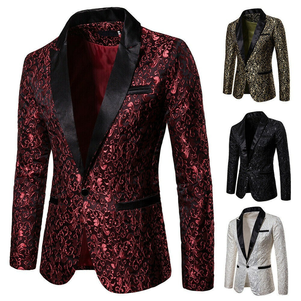 Men Floral Brocade Embroidered Suit Jacket Peak Lapel Blazer Single Breasted SPW