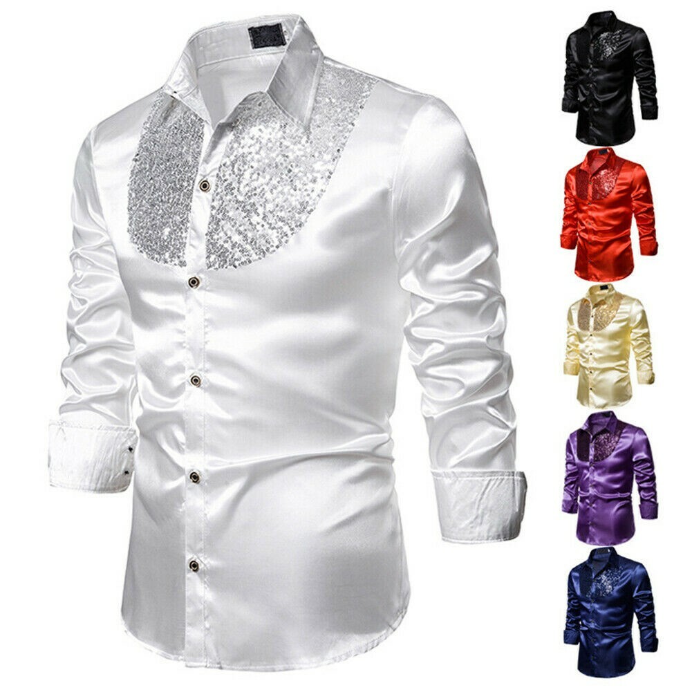 Mens Sequin Front Long Sleeve Shirt Dance Show Prom Party Collared Blouse