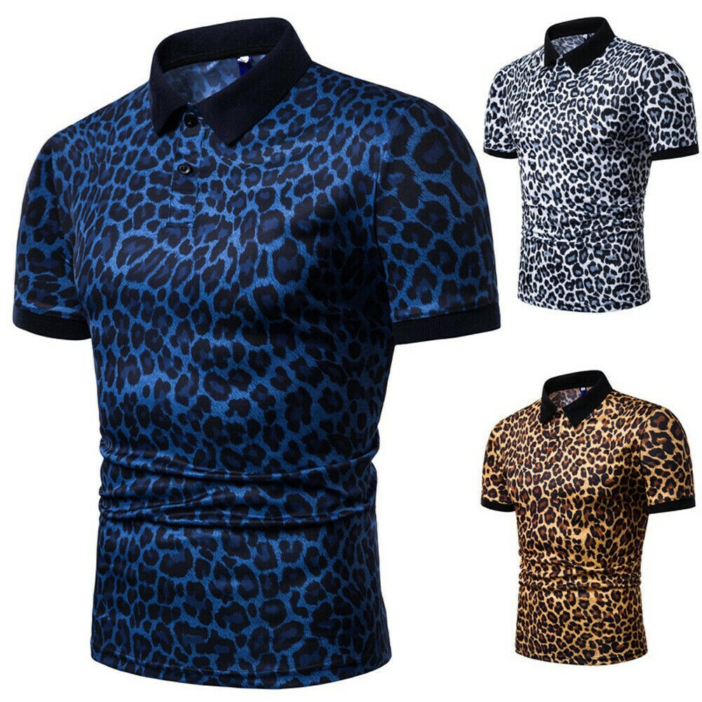 Mens Leopard Print Short Sleeve T-shirt Turn Down Collared Tee Shirt Blouse