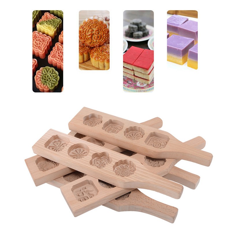 Beech Mung Bean Cake Mold Wood Carving Flowers Mold Hand Making Moon Cake