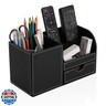 KINGFOM Desk Organizer Office Supplies Caddy Pu Leather Multi-function Storage Box Pen/Pencil,Cell phone, Business Name Cards Remote Control Holder with Small Drawer Black