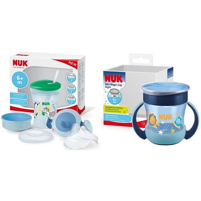NUK Trinklernset mit drei Trinkaufsatzen grun/blau NEW