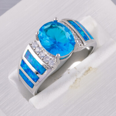 8x10 Oval Simulated Blue Topaz Blue Fire Opal CZ Silver Jewelry Ring SZ 7 8 9 10