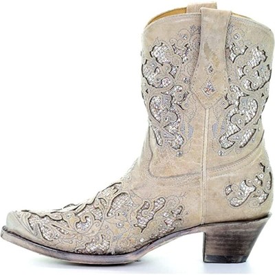 Pre-owned Corral Boots Corral Women's Snip Toe Wedding Embroidered Glitter Inlay And Crystals Handcr... In White