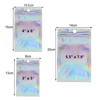 100-1000pcs Holographic Rainbow Zip Lock Seal Bags Mylar Foil Bag Pouches