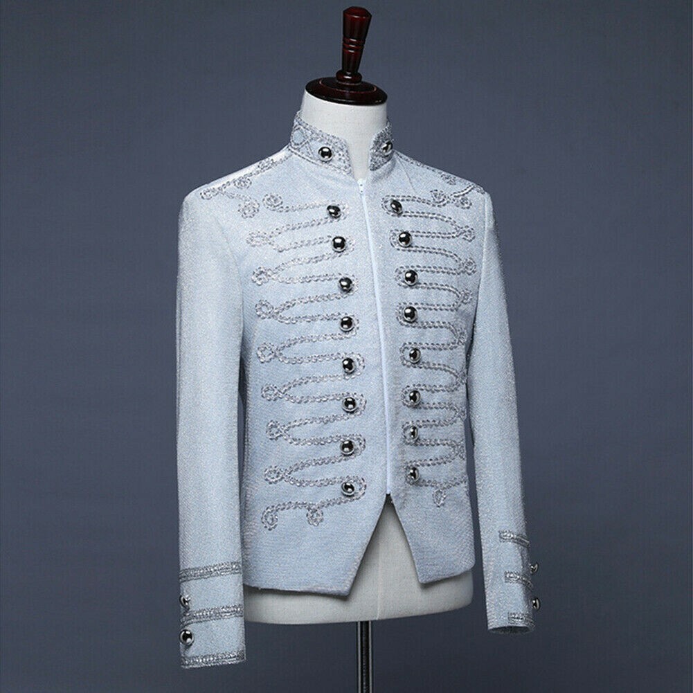 Mens White Silver Lurex Slim Fit Suit Jacket Artillery Tunic Blazer Drummer