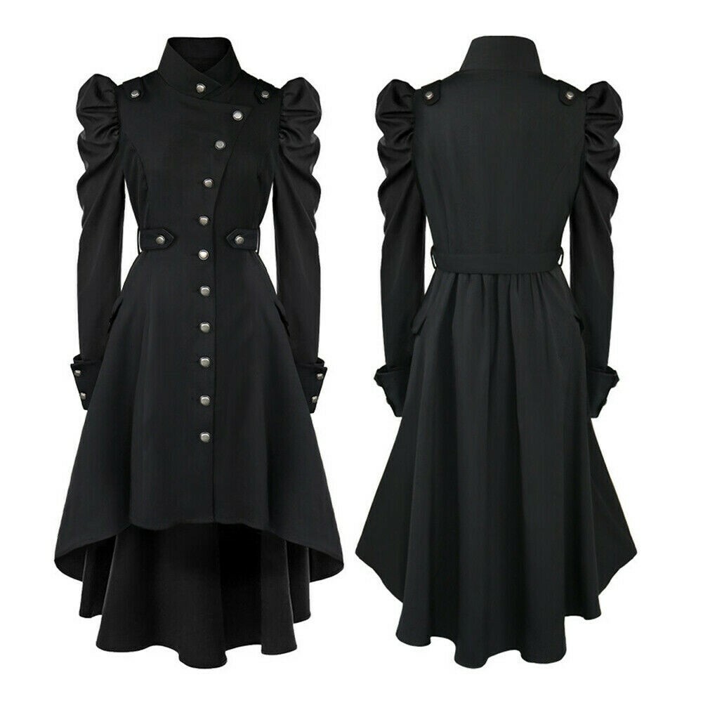 Damen Vampir Gothic Lange Jacke Hoch Niedrig Saum Kleid Frack