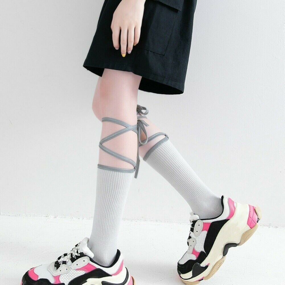 Women High Socks Reflective Cross Lace Up Cotton Fluorescent Lolita Hip Hop