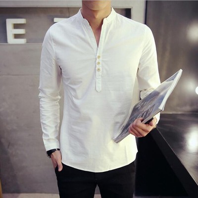 Fashion Mens Shirt Male Stand-Up Collar Pullover Flax Casual Long Sleeve Shirts