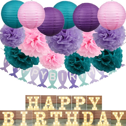 Mermaid Birthday Party Decor Paper Pom Poms Round Lantern Led