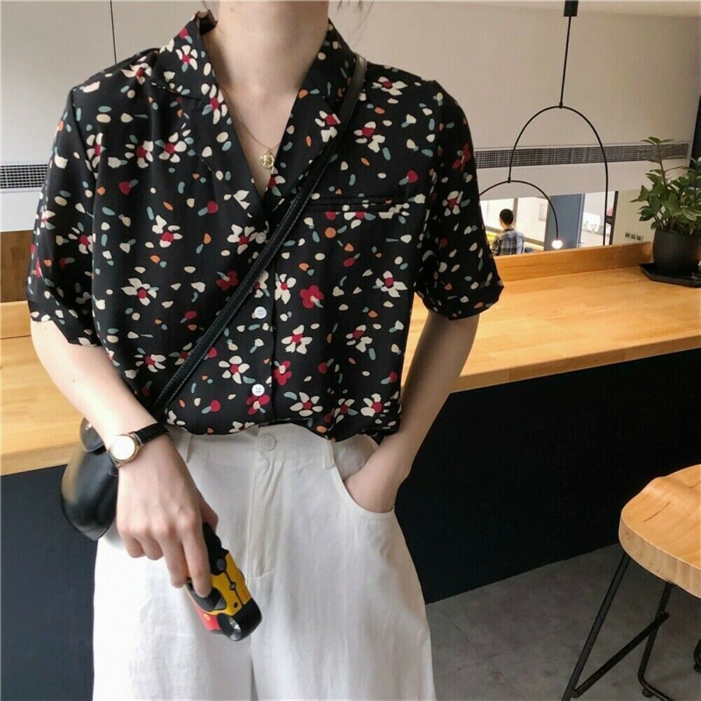 Women Loose Floral Shirt Blouse Short Sleeve Casual Summer Vintage Style