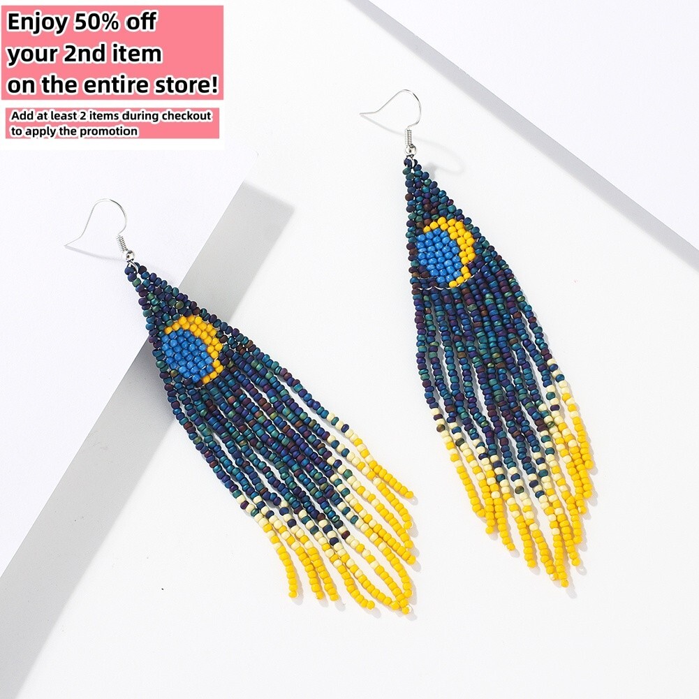 BOHO Seeds Beaded Earrings Fringe Tassel Bohemian Dangle Drop Moon Handmade - Picture 1 of 9