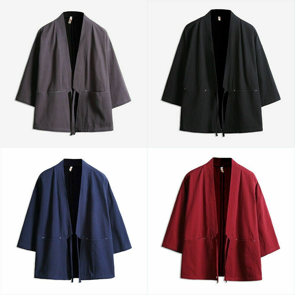 Herren 3/4 Ärmel Lockere Japanische Kimono Retro Ethno Strickjacke T-Shirt Top