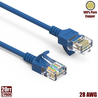 2 Pcs 20FT Cat6A RJ45 Slim Ethernet LAN Network Cable UTP 28AWG Copper Wire Blue