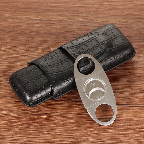 Galiner Leather Cigar Case Holder Cigar Cutter 2 Cigars Travel Case W/ Gift Box
