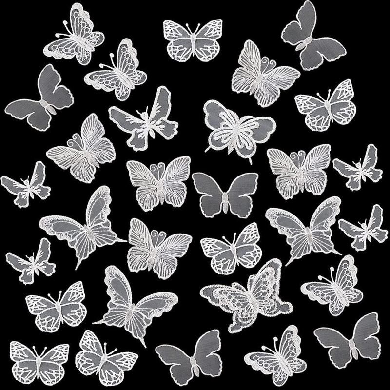 30PCS Lace Butterfly Applique Embroidery Sew Iron On Patch Organza Patches White