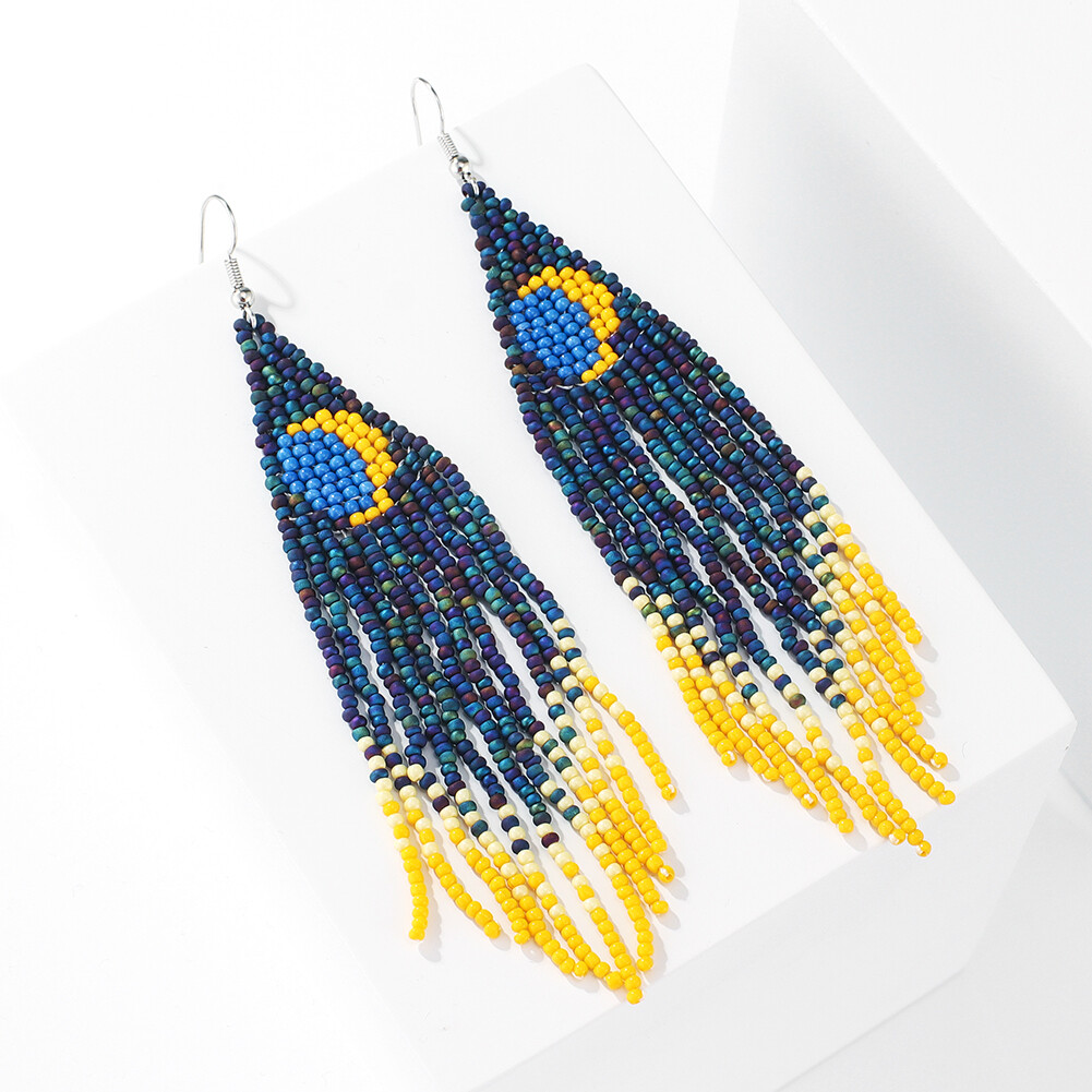 BOHO Seeds Beaded Earrings Fringe Tassel Bohemian Dangle Drop Moon Handmade - Picture 8 of 9