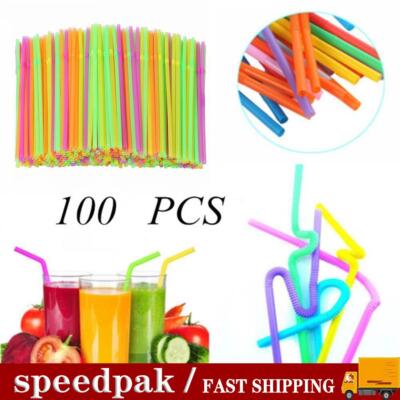 100 Neon Straws Flexible Bendy Birthday Party Plastics Drinking Straws US
