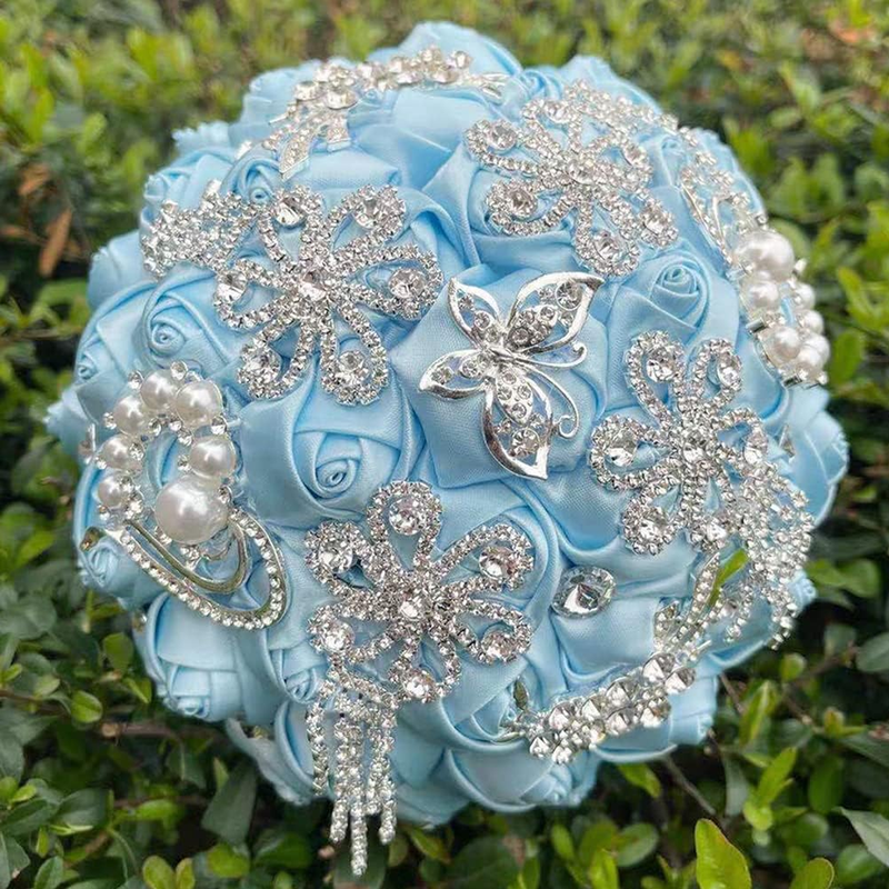 9.4 Inch Handmade Satin Rose Bridal Bouquet Toss round Wedding Bouquet Throw Toss Artificial Flower Bunch Light Blue