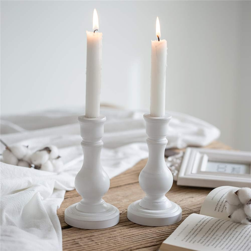 Wood Candle Holders for Candlesticks - Set of 2 White Wooden Taper Candle Hol...